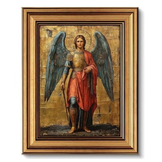 Gold Framed Archangel Michael Canvas Wall Art Vintage Framed Christian Christianity Painting Picture Wall Decor Catholic Saints Poster Print Artwork for Prayer Room Church Home Decoration 9inx11in