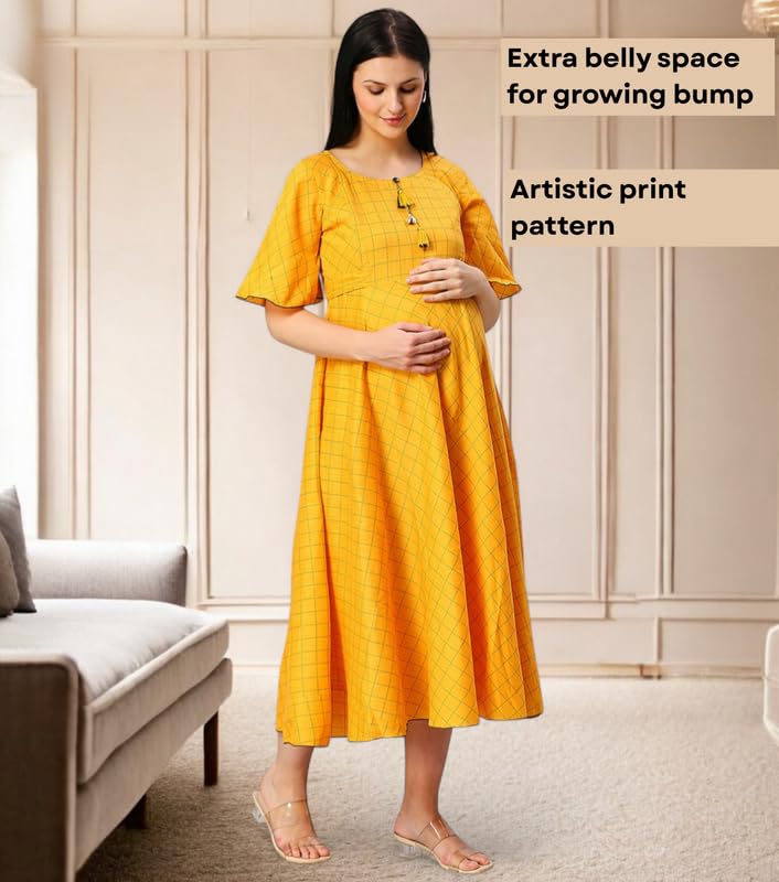 Image of DUMMY SHAPE Feeding Nighty | Maternity Dresses for Women Cotton Blend | Floral Pink Anarkali Kurta with Dual Nursing Zippers for Pregnancy & Breastfeeding | Gifts for Pregnant Women (