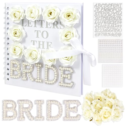 Libro de cartas para la novia, libro de visitas para despedida de soltera, álbum de recortes regalo | Pegamento de perlas, rosas y cinta incluidos, blanco 8x8 para consejos y deseos de damas de honor y familia en despedidas de soltera miniatura 5