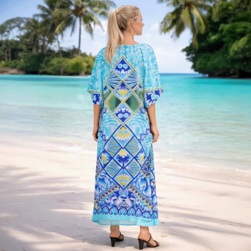 Image of Miss Lavish London Kaftan for Women Dress V Neck Summer Swimsuit Cover Up Blue Caftan Maxi Beach Dress, Plus Size African Kaftan with Batwing Sleeves, Side Slit & Pockets on Both Sides-Blue-M