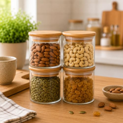 Image of Airtight Glass Storage Jar with Bamboo Lid, 500ml | Borosilicate Multipurpose Kitchen Container for Coffee, Tea, Sugar, Spices, Dry Fruits & Snacks | Pantry Organizer (Pack of 4)
