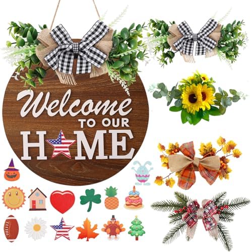Interchangeable Welcome Sign for Front Door with 4 Seasonal Wreat...