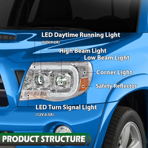 Image of GRAND ORANGE LED Tube Projector Headlights Assembly Headlamps W /o Bulbs Compatible with Toyota Tacoma 2005-2011 Clear Lens Chrome Housing Amber Reflector Driver & Passenger Side