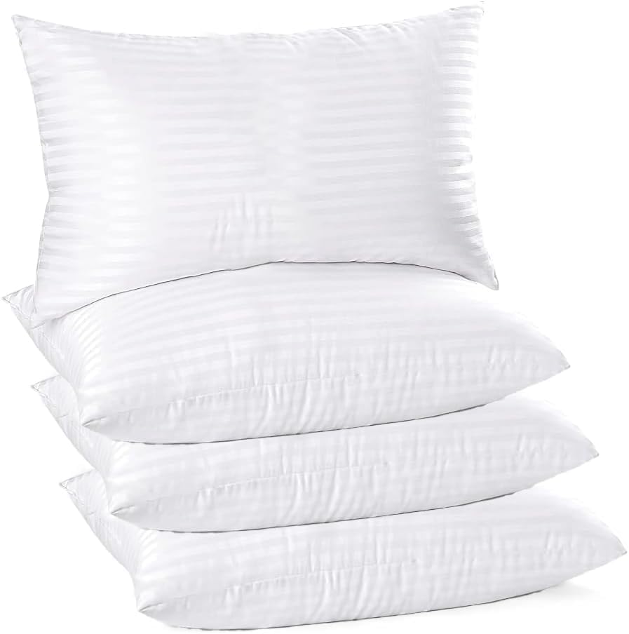 British Home Bedding 4 Pack Hotel Quality Bounce Back Side Sleeper Bed Pillows Hypoallergenic & Anti Dust Mite Resistant Premium Filled (Stripe Pillow, Pack of 4)