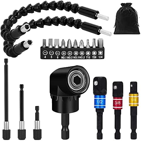 Flexible Drill Bit Extension Set 19pcs, Hex Shank 105°Right Angle Drill Bit Attachment, 3pcs Drill Bit Holder Extension, 1/4 3/8 1/2" Universal Socket Adapter, Screwdriver Bit Kit Cover