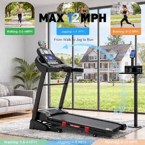 Image of Treadmill with 0-20% Auto Incline, 5 HP Folding for Home Running, 12 MPH Max Speed, 400 lbs Weight Capacity, Bluetooth Speaker, Dog Training Treadmill Compatible