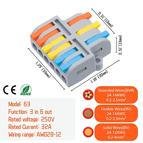 Image of ROBOWAY 12Pcs LT-633 Lever Wire Connector, 3 In 6 Out Quick Wiring Cable Terminal Block for 24-12 AWG Wires, Compact Splicing Connector with Durable Design, Easy Reusable Wiring Terminal (Pack of 12)