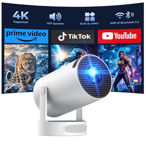 Kurzdistanz Beamer mit Lautsprecher, 4K Unterstützt, Smart Projektor Android 11.0 mit WiFi 6 Bluetooth 5.0, Auto Trapezkorrektur & 220° Drehständer für Heimkino Schlafzimmer Kleine Räume Wohnmobil