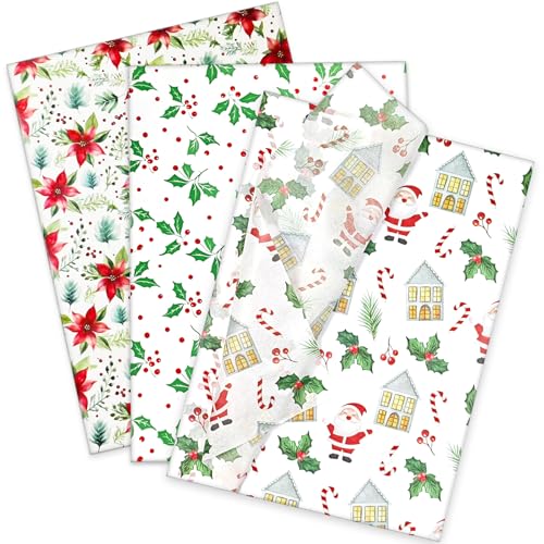 Papier de soie Noël LIAPAWPAW rouge et vert | 60 feuilles motif houx et Père Noël
