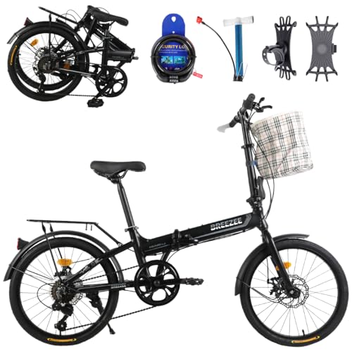 Bicicletas, BREEZEE Bicicleta Plegable Rodada 20, Frenos de Disco, 7 Velocidades Desviador y Cambios, Diseño Portátil Cuadro de Aluminio, Incluye Accesorios, Altura...
