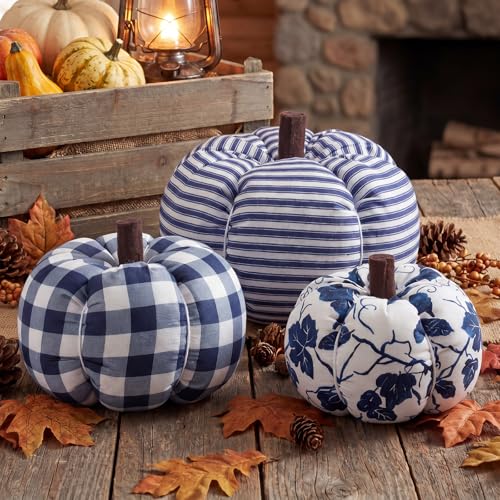 SiliFine 3 Pcs Fall Pumpkins Decoration Blue and White Chinoiserie Pumpkins for Home Farmhouse Artificial Fake Pumpkin for Fall Harvest Thanksgiving Home Table Mantel Table Decor