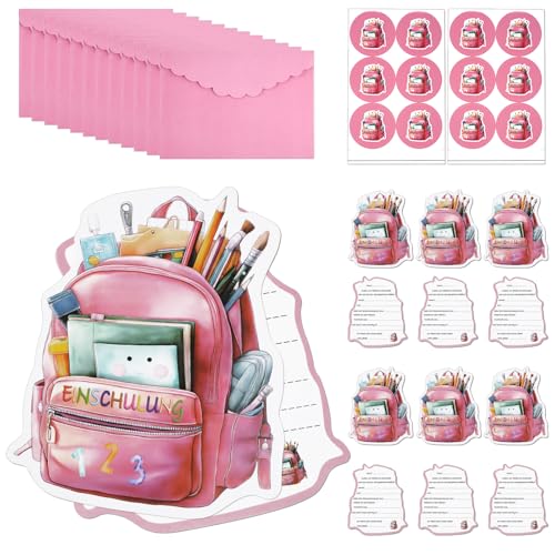 Maxmoc Einschulung Einladungskarten Mädchen Junge 12 Stück Einladungskarten Einschulung mit Briefumschläge Aufkleber Einladung für Schuleingangsfeiern Kinder Aufnahmefeiern (Rosa)
