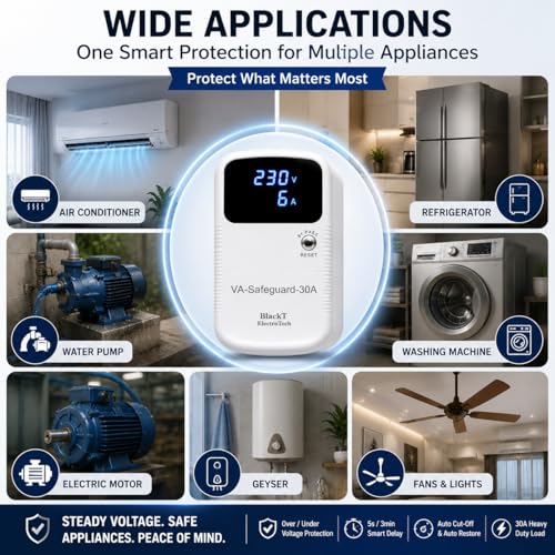 Image of Blackt Electrotech BTSG01 30A Digital Voltage Protector | Adjustable Over & Under Voltage Protection | Real-time Voltage & Current Monitor | 5s /3min Delay Timer for AC, Refrigerator & Water Pump