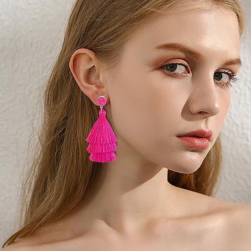 Subiceto 4 Pairs Clip Earrings for Women Hot Pink Heart Dangle Drop Earrings Rhinestone Geometric Statement Earrings Long Rose PetalTassel Earring Non Piercing Earrings Set4