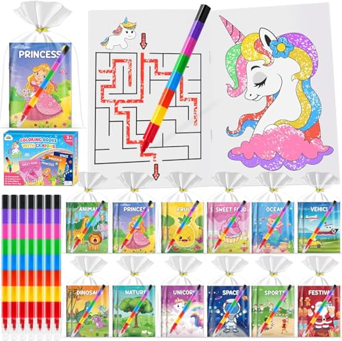 ZMLM 24 Libros para Colorear para Niños, Crayones de 8 Colores 24 PCS Ceras de Colores Kit Detalles Cumpleaños Niños Pintar Manualidades Pascua Regalos para 3 a 9 Años