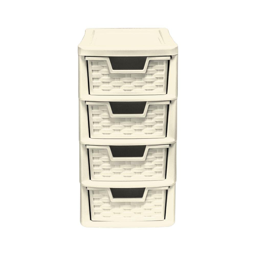 Simpa Cream 4 Drawer Small Rattan Tower Unit - Single Unit - 38.5Cm (H) X 19Cm (W) X 26Cm (D)