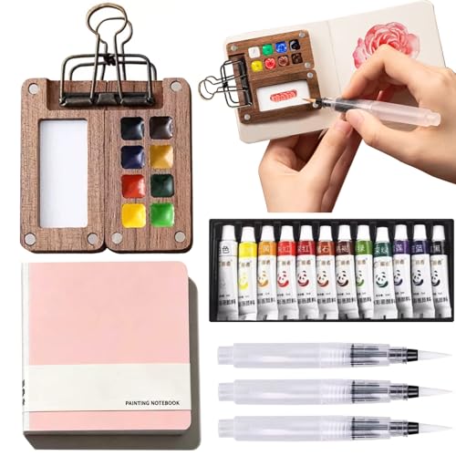 Mini Watercolor Paint Set Travel Portable Palette Pocket Artists Wooden Paint Box with 8 Grids for Kids Painters Students