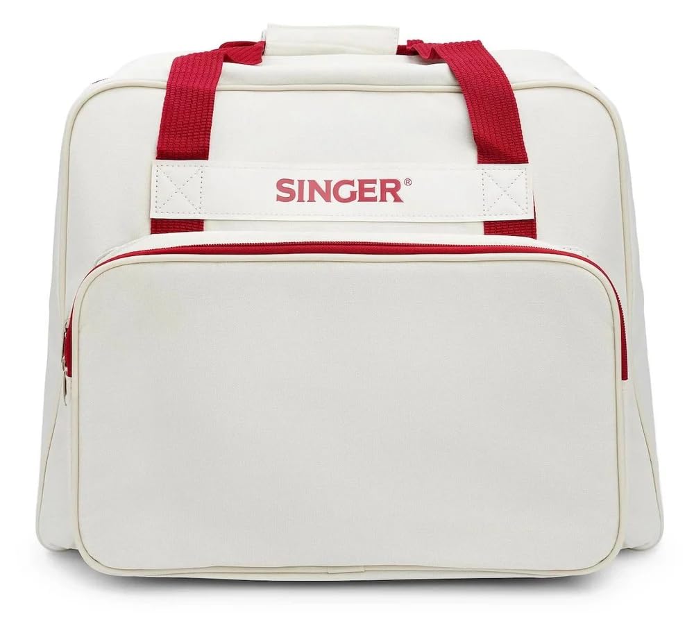 Borsa per macchina da cucire Singer semirigida in tessuto, con tasca accessori, color panna, 45 x 25 x 33 cm