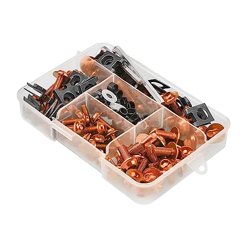 JNNJ Motorcycle Fairing Bolt Kit, 177pcs M5 M6 Motorcycle Windscreen Screws, Aluminum Fasteners Fairing Bolts Nut Clips Kit, Mounting Kits Washers Nuts Screws Assortment for Sport Bikes(Orange)