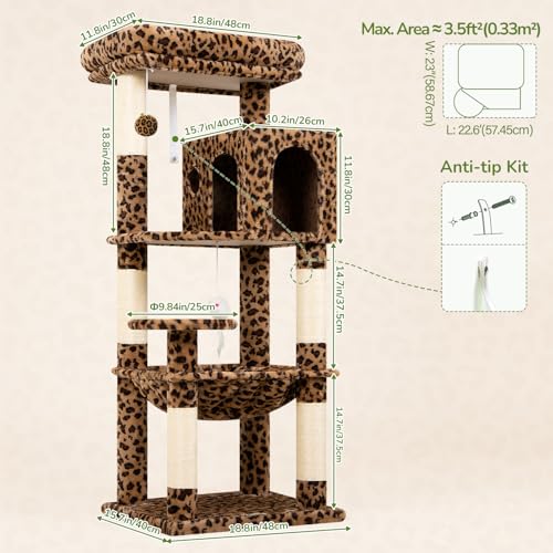 Image of Globlazer Leopard Cat Tree Tower with Scratching Post for Indoor Cats, 53in Plush Multi-Level Cat Climbing Tower Condo House with Large Hammock, Spacious Cat Cave, Padded Top Perch, F53, Leopard Print