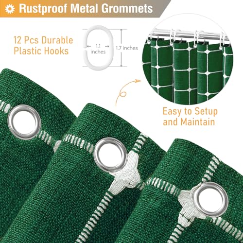 Image of BTTN Boho Farmhouse Shower Curtain - Linen Rustic Heavy Duty Fabric Shower Curtain Set with Tassel, Water Repellent, Bohemian Vintage Country Cloth Shower Curtains for Bathroom, Emerald Green, 72x72