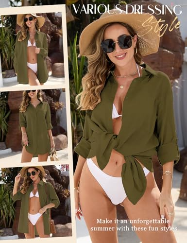 Swimsuit Coverup Womens Bathing Suit Cover Ups Beach Shirt Casual V Neck Button Down Shirt Bikini Swimwear Coverup4