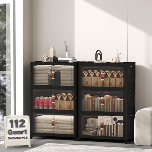 Image of UAMFURI 672QT Lockable Plastic Storage Bins,6 Pack Collapsible Cabinets | Stackable Organizer with Doors & Wheels, Foldable Containers for Bedroom, Dorm, Office & Garage Storage