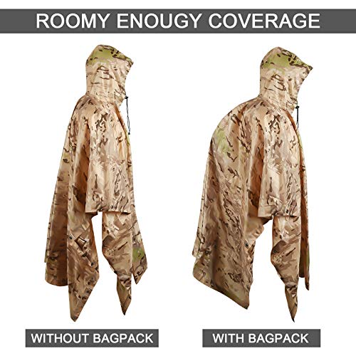 Fousam Camo Poncho, Waterproof Ripstop Hooded Raincoat Lightweight Packable Rain Cover for Hunting Camping Backpacking Emergency Tent Shelter Cp Desert - Thumbnail 2
