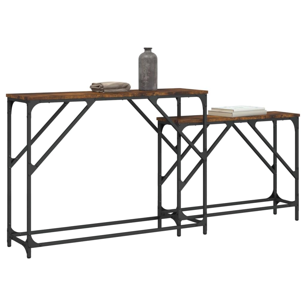 Stoły konsolowe, zestaw 2 sztuk, drewno wędzone, rama metalowa, 100 x 28 x 75 cm, stoliki pomocnicze do salonu, korytarza, biura, wszechstronne zastosowanie