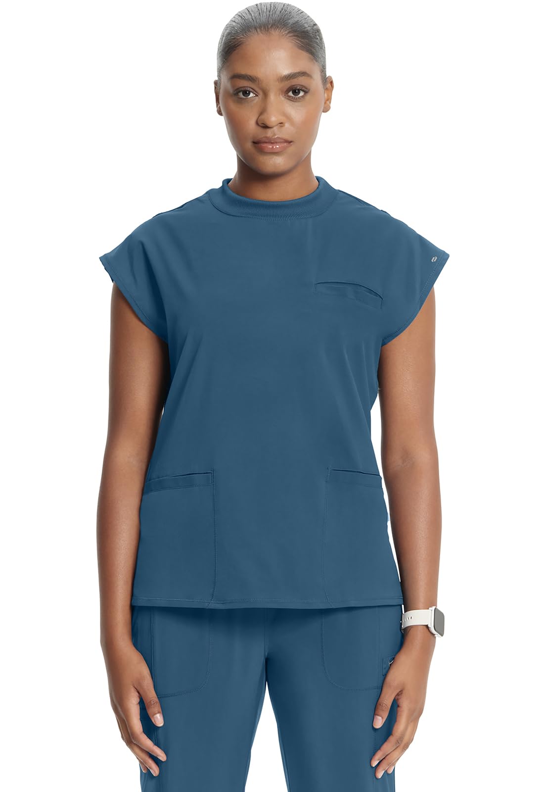 Infinity Mock Neck Top for Women with 4 Pockets, Dolman Sleeves, and Rib-Knit Back Panel - Stylish Medical Top CK742A