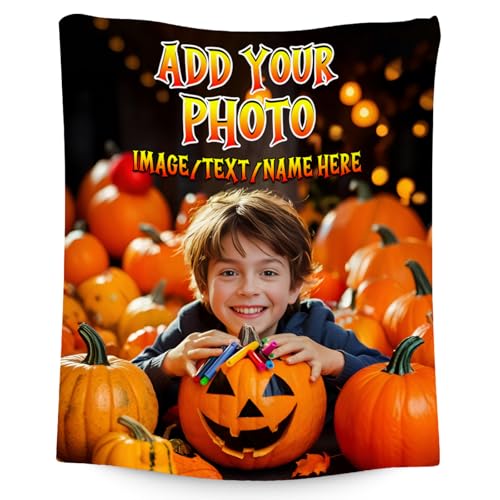 Personalized Blankets for Kids, Custom Blanket Gifts with Picture, Customized Photo Gifts, Warm Flannel Throw for Halloween Party Decoration (4 Sizes Choose)
