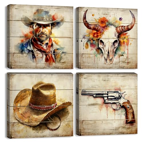 Western Cowboy Wall Art Longhorn Cow Pictures Wall Decor Cowboy Hat Revolver Canvas Posters Western Decor for Men Bedroom Home Decorations Vintage Farmhouse Paintings Living Room Artwork 12x12' 4Pcs