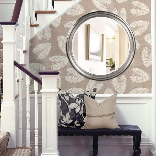 Image of Howard Elliott Collection George Round Glossy Nickel Wall Mirror, Bevelled Vintage Hanging Wood Framed Vanity Mirrors for Home Decor, Living Room, Bathroom, Bedroom, or Hallway, 36 Inch Round