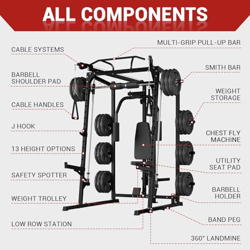 Smith Machine, 2000LBS Squat Rack for Home Gym, Multi-Function Power Cage Cable Crossover System Strength Training Equipment, Lat Pulldown Machines with 8 Weight Storage Pin, T-Bar and More