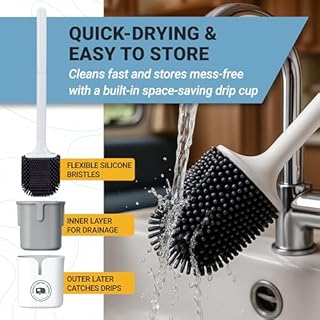 Unique Silicone RV Toilet Brush, Compact, Won't Damage Toilets or Seals, Wall-Mount No-Drip Holder