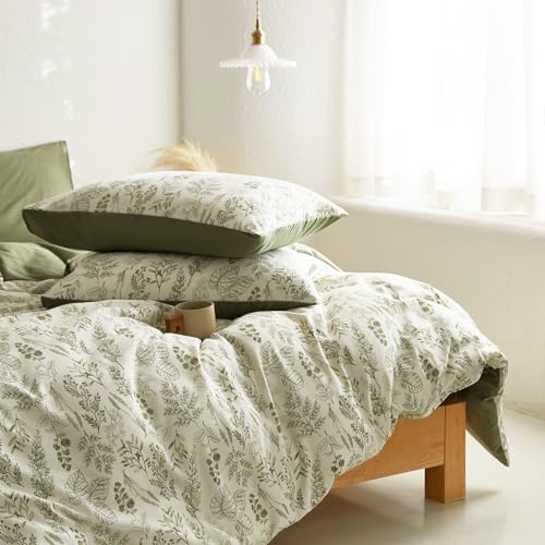 Image of Wake In Cloud - Queen Size Comforter Set, 3-Piece, Floral Shabby Chic Coquette Botanical Flower Ivory Beige Forest Olive Green, Soft Lightweight Bedding for Women Girls
