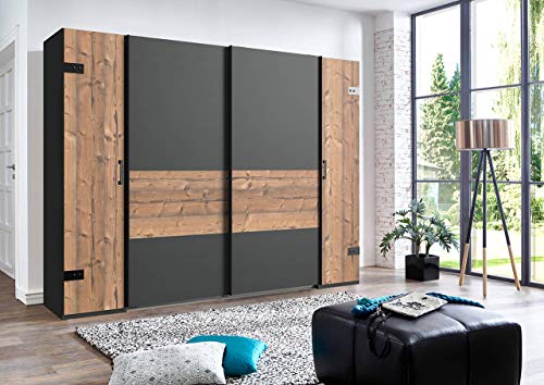 lifestyle4living Kleiderschrank in Silber-Tanne, Graphit, 270 cm, 2 Kleiderstangen, 10 Einlegeböden | Hochwertiger Industriedesign Kombi Schwebetürenschrank