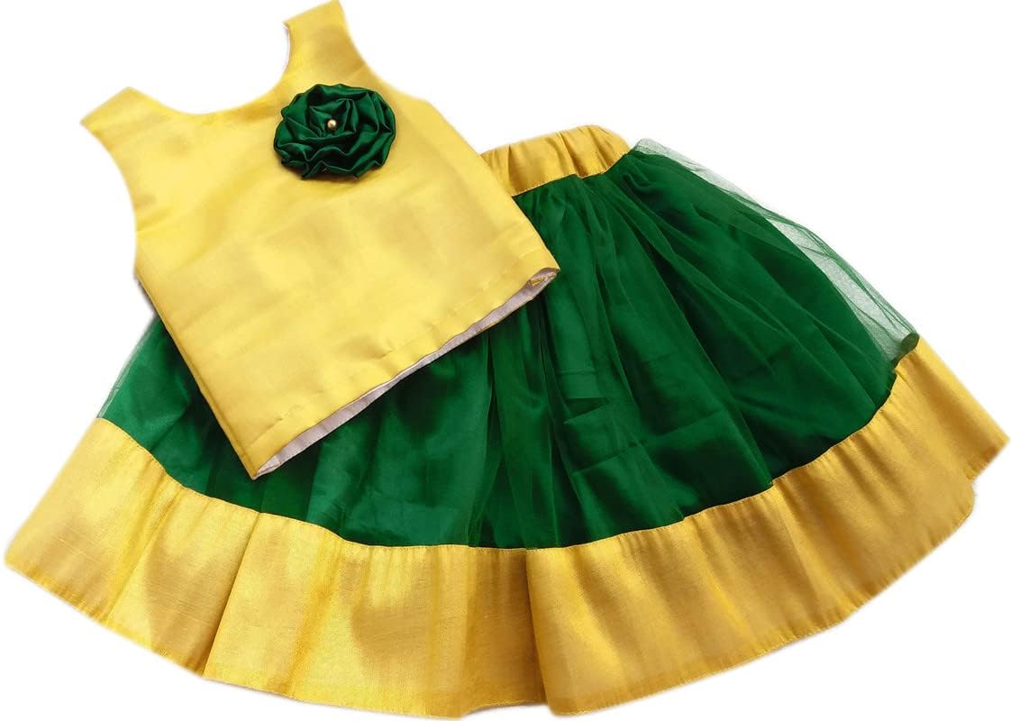 Stanwells Kids GirlsLehnga Choli Net Flared Ruffle Pattern Dress Sleeveless Beautiful Ethnic Beautiful Flower Traditional Full Length Girl Lehnga Choli(Green & Yellow)(4-5 Years)
