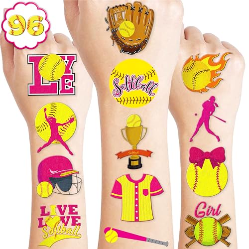 102 PCS Softball Temporary Tattoos Themed Birthday Party Decorations Favors Supplies Decor Girls Cute Baseball Sports Yellow Tattoo Stickers Gifts For Boys Girls Classroom School Prizes Carnival