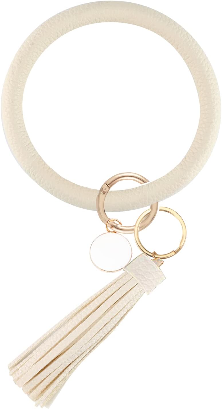 Large Keychain Bracelet with Tassel, Circle Leather Wristlet Key Ring for Women, Bangle Key Chains Holder for Girls