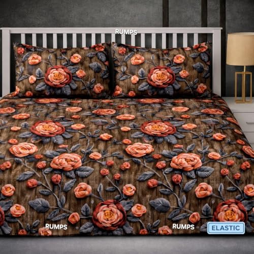 RUMPS 380 TC Premium Heavy Cotton 7D Print Fast Colour Feel Elastic Fitted Floral Bedsheet 2 Pillow Covers || All Around Elastic || Fits up to 6-Inch Mattress (Brown,Red, Fitted - 72"x78" King)