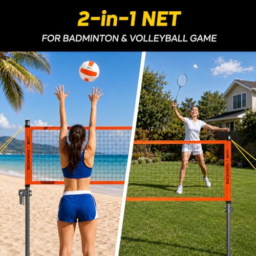 Image of A11N SPORTS Outdoor Volleyball and Badminton Combo Set - Includes Adjustable Height Anti-Sag Net, Volleyball, Air Pump, 4 Badminton Rackets, 2 Shuttlecocks, Boundary Line Marker, and Carrying Bag