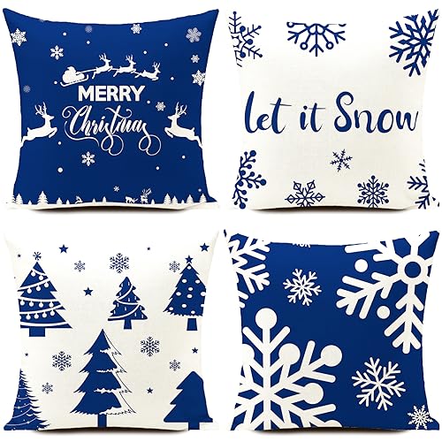 HUASHUZI Blue White Christmas Cushion Covers Xmas Decorations Throw Pillow Cover Set of 4 Decor for Party Family Home Sofa Bed Livingroom 18x18 Inch (45x45cm)