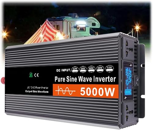 BTURYT 5000W Peak Pure Sine Wave Power Inverters DC 12V/24V/48V/60V A AC 110V 120V 230V, 2500 Vatios Continuo Continente Convertidor para Automóvil Solar RV Home