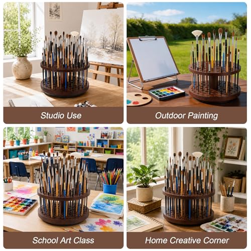 Image of Solid Wood 360 Spinning Paint & Makeup Brush Organizer