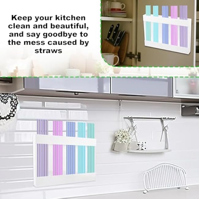Straw Holder for Cabinet, Large Acrylic Straw Container with Double-Sided Tapes Straws Rack Stand Dispenser Reusable Holder Organizer Kitchen Storage Supplies (White)