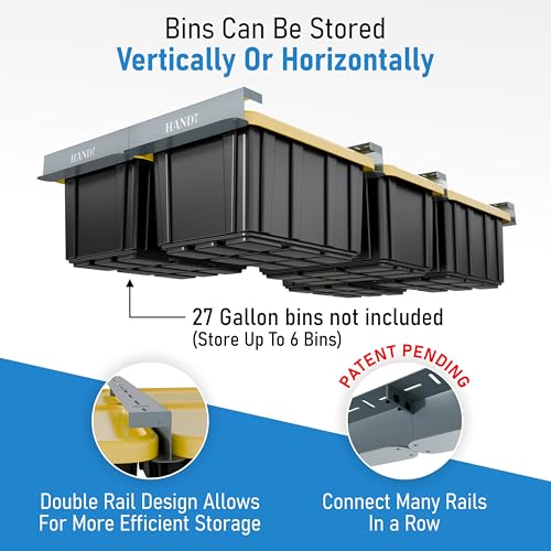 Image of USA Based Overhead Garage Storage Rack, Connectable Heavy Duty Metal Ceiling Rails Garage Storage Organization Shelving System, Hanging Racks Tote Containers, Supports Up To 6 Bins, 4 Sets Gray
