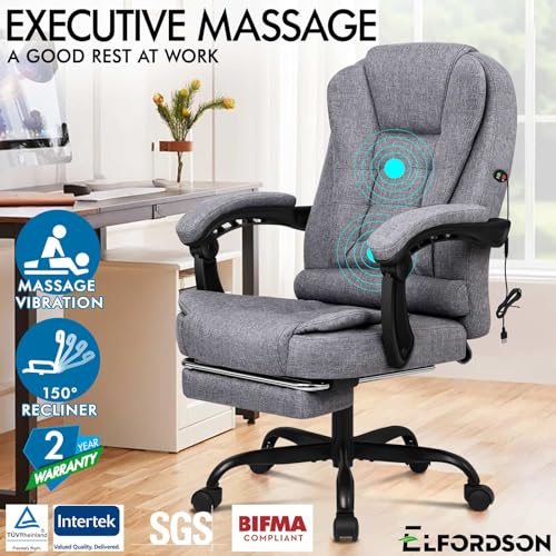 ELFORDSON Massage Office Chair for Home Office, Desk Chair 77 cm High Back 150° Recliner Tilt Function Padded Swivel Fabric, Grey ELFORDSON Massage Office Chair for Home Office, Desk Chair 77 cm High Back 150° Recliner Tilt Function Padded Swivel Fabric, Grey