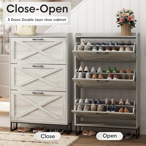 Image of Maupvit Shoe Storage Cabinet with 3 Flip Drawers, Freestanding Organizer with Metal Legs for Entryway, Narrow Shoe Rack Cabinet, Beige
