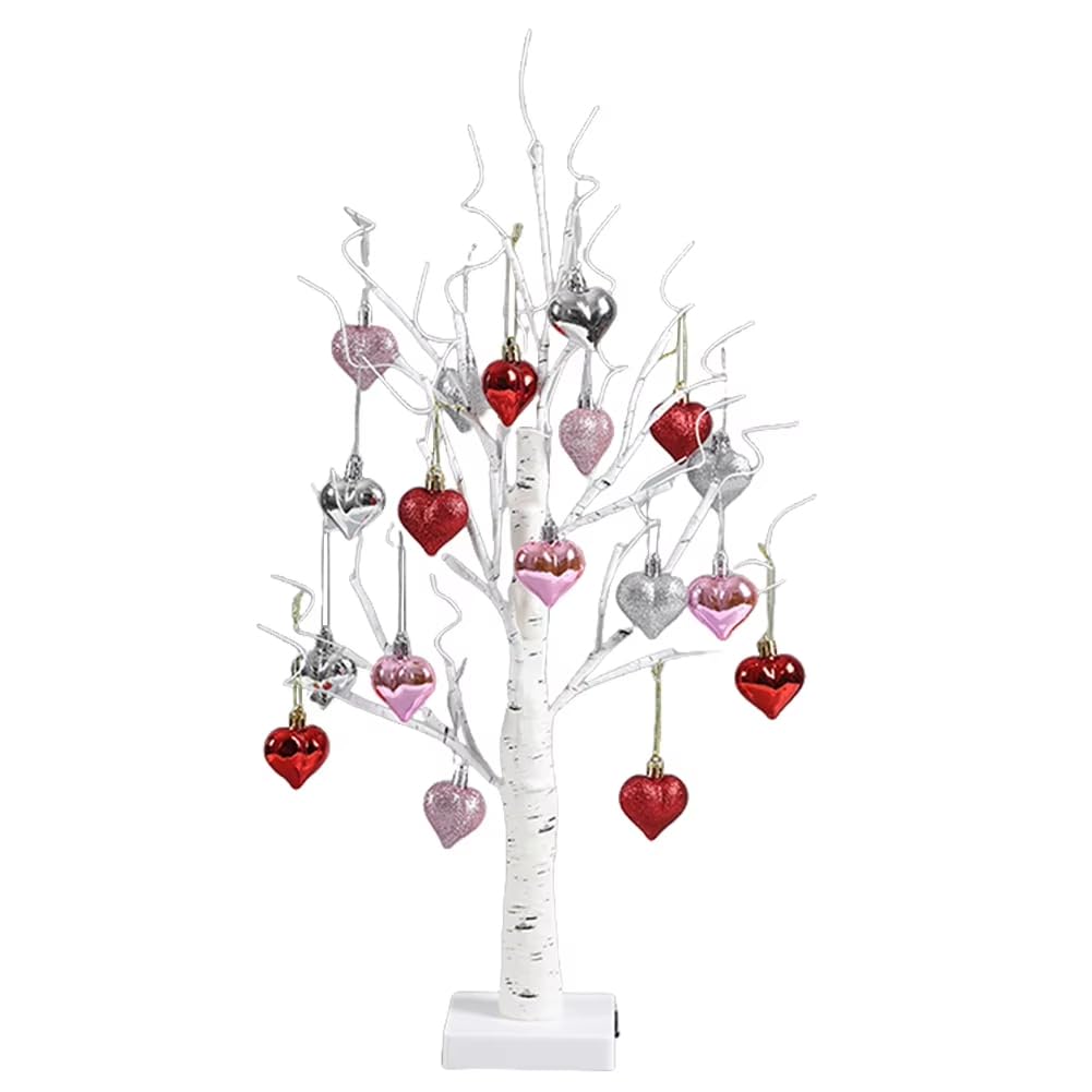 CTRLZS 2FT Valentines Decor BirchTrees Light with Hanging Heart Ornament Lighted BirchTrees for Home WeddingParty Table Decor